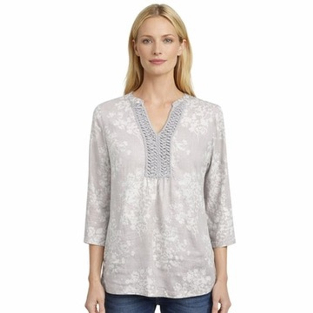 Boden Crochet Trim Tunic Blouse 100% Linen V-Neck Boho Coastal Cottage Size 10P